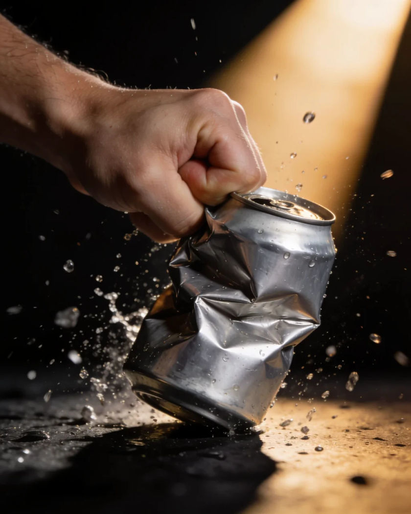 A plain silver can being crushed in a fist under warm side light against a black ground, droplets flying from the folding metal