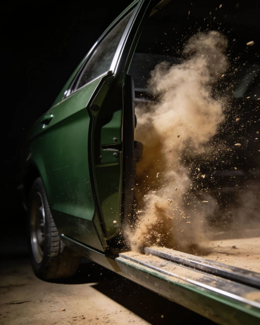 A dark green car door slamming shut under warm side light against a black ground, dust jumping from the sill