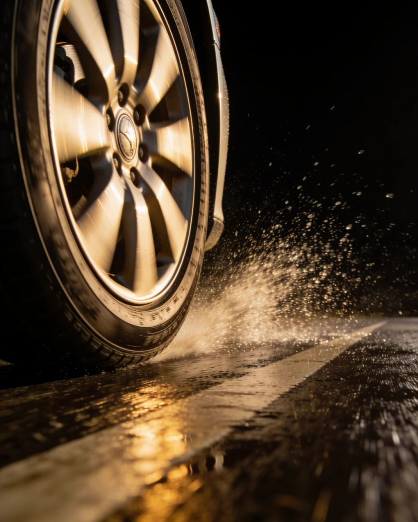 A car front wheel rolling fast along a wet road under warm side light against a black ground, spray flying off the tread