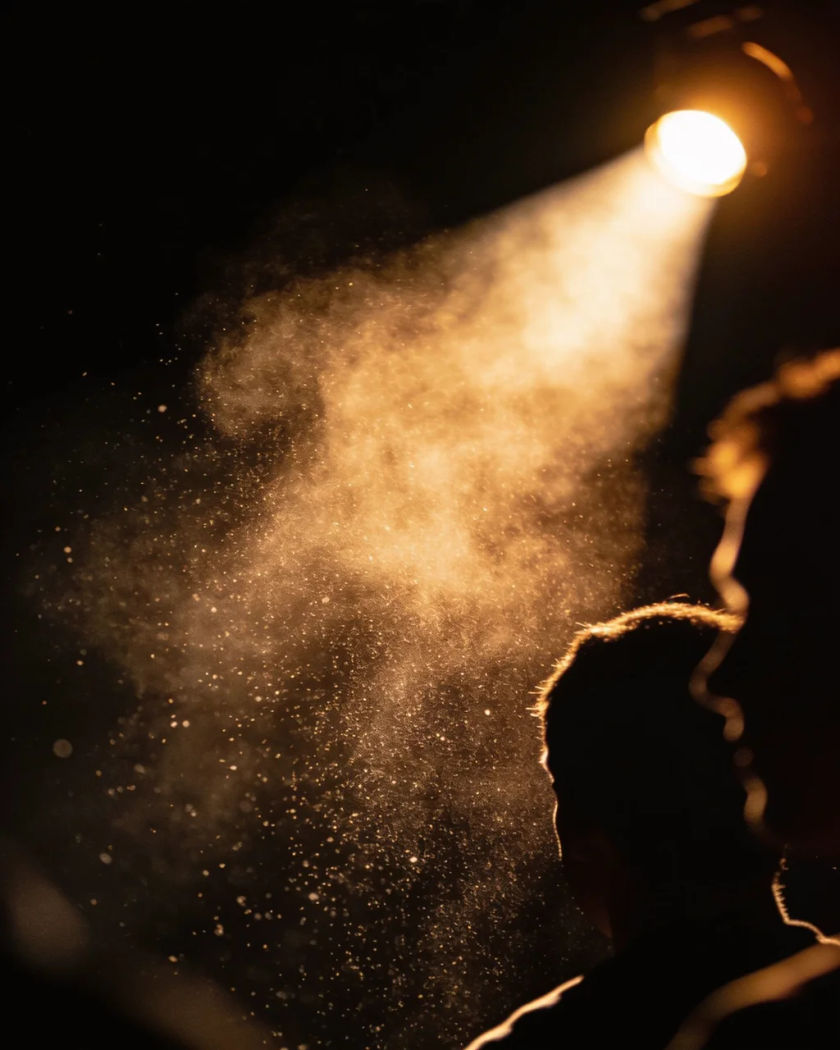Silhouetted heads of a crowd seen from behind as a burst of warm stage light flares ahead against a black ground