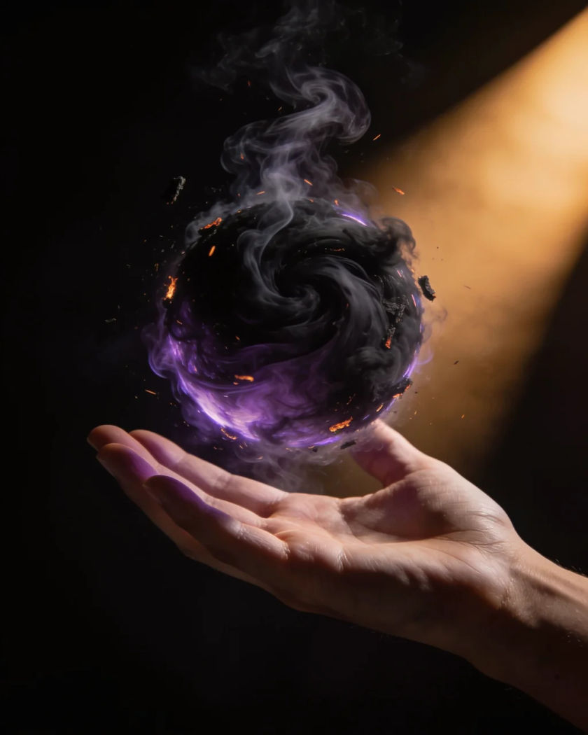 An open hand cradling a swirling sphere of black smoke and violet light, embers spiralling into it against a black ground