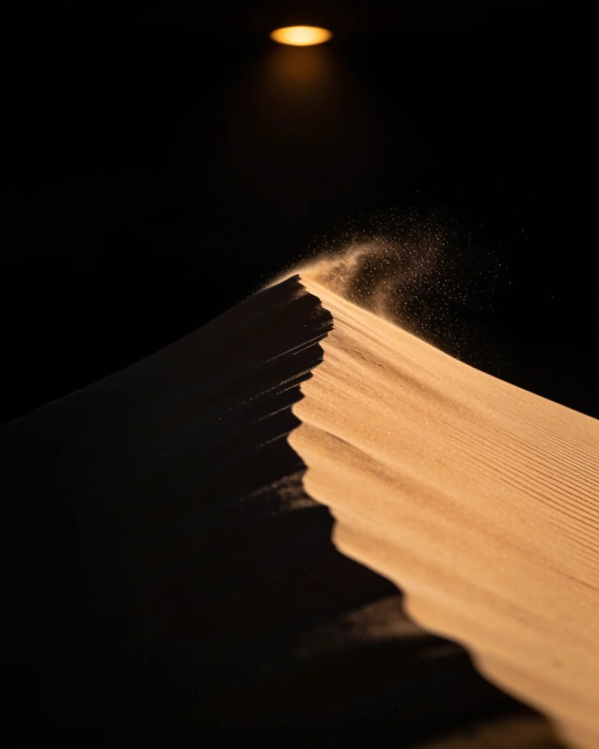 A sharp sand dune crest blasting a glittering plume of sand into warm side light against a black ground