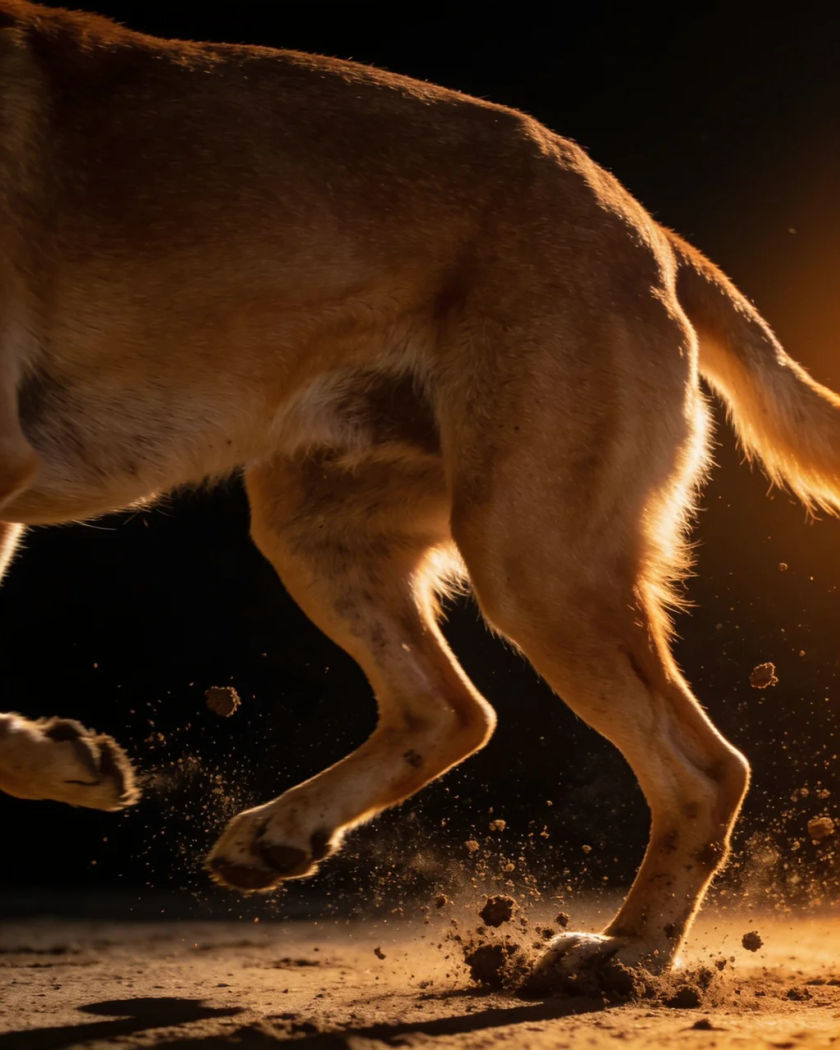 A dog mid-gallop in side view with all four paws off the ground, warm side light against a black ground and dirt flying from its feet