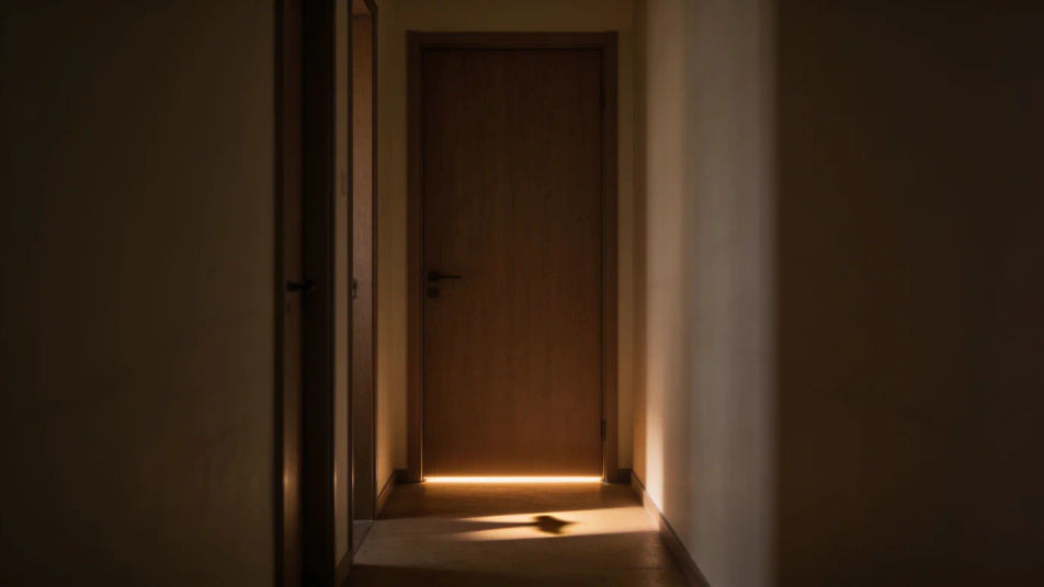 Hint that a dog waits behind the door