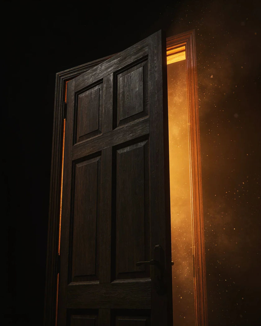 A heavy wooden door ajar with warm light spilling through the gap against a black ground, dust drifting in the beam