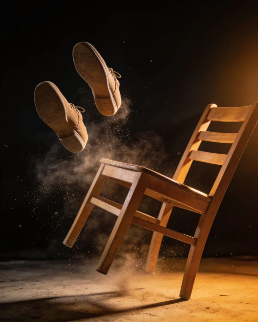 A wooden chair caught tipping backward in mid-air under warm side light against a black ground, a pair of shoes lifting off the floor