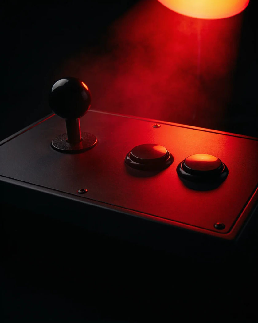 A plain black arcade joystick and two round buttons lit by a deep red glow against a black ground