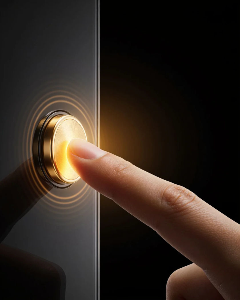A fingertip pressing a round gold-lit button on a dark glass panel with light rippling outward, against a black ground