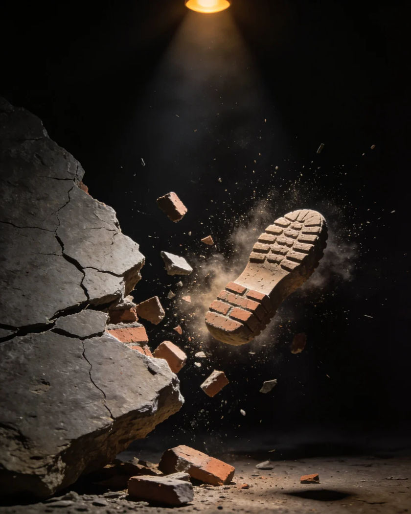 Cracked paving stones bursting upward with chunks of stone and dust flying under warm light against a black ground