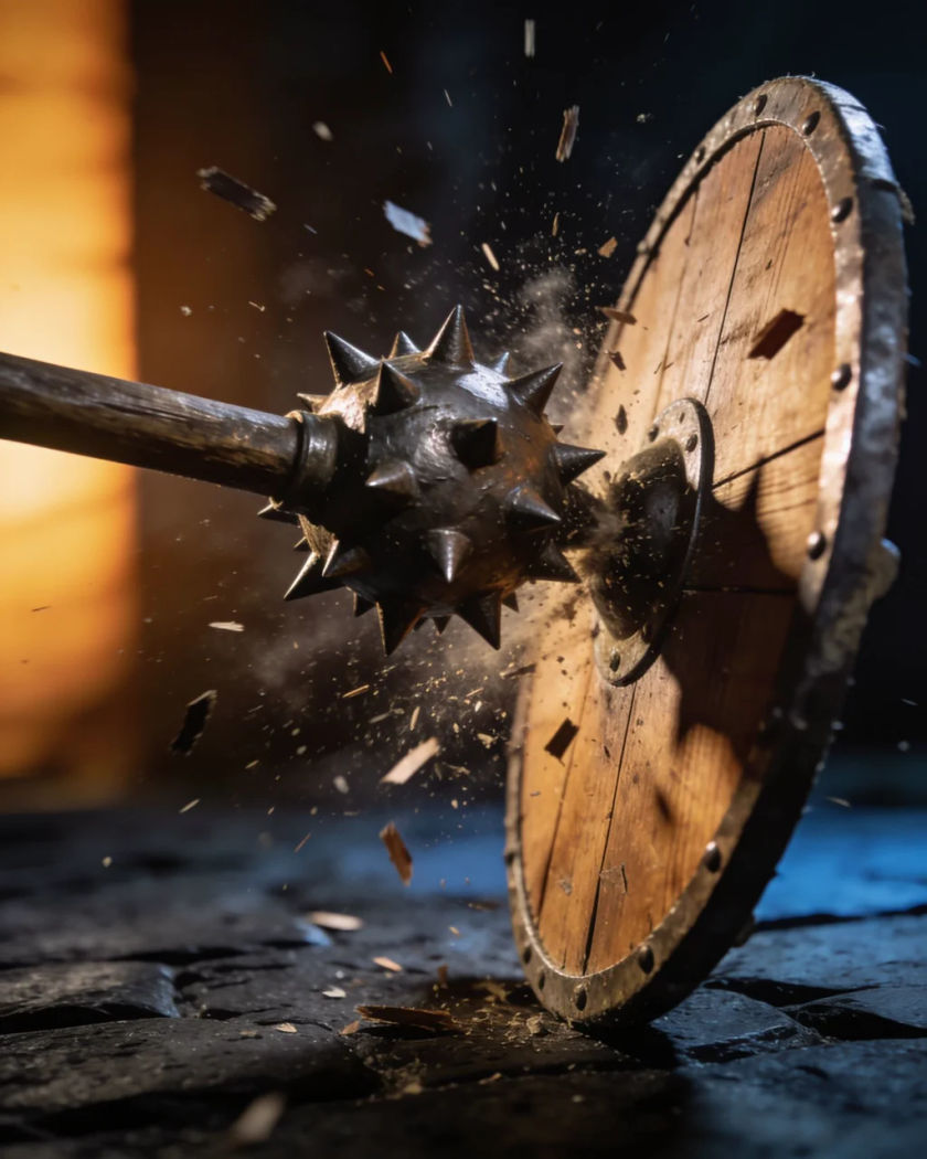 A spiked iron mace head crashing into a wooden shield under warm side light against a cold dark ground, splinters flying from the impact