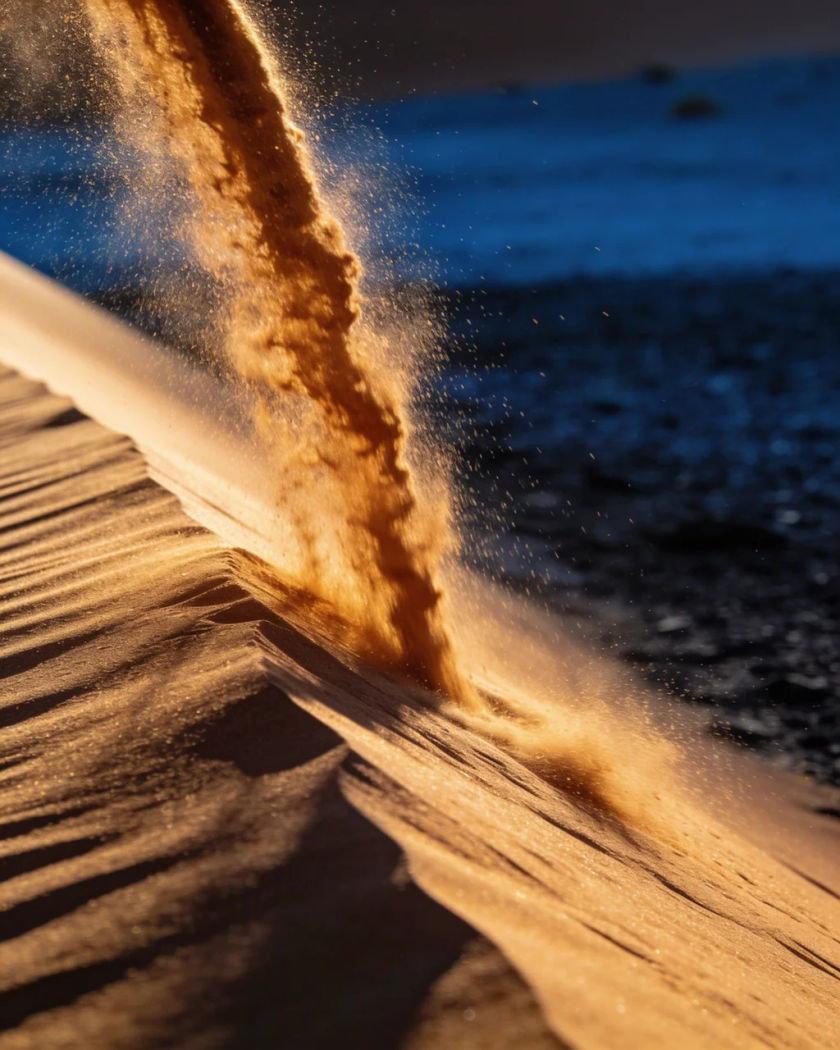 Fine amber sand pouring and rippling across a dune under warm side light against a cold dark ground, grains lifting into the air