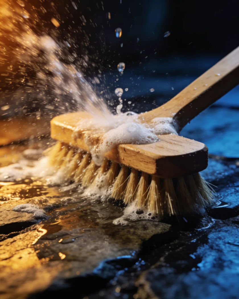 A wooden scrubbing brush driving across wet stone under warm side light against a cold dark ground, water spray flicking off the bristles