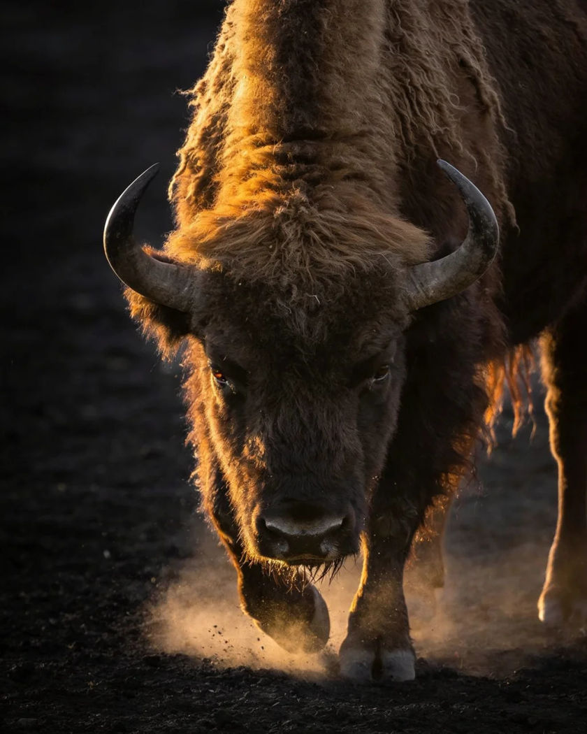 A buffalo bull lowering its horned head in warm side light against a cold dark ground, dust kicked up around its hooves