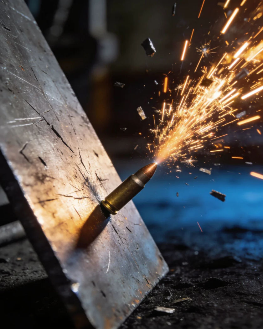 A scarred steel plate at a low angle under warm side light against a near-black ground, a fan of sparks spraying off it as a bullet glances away
