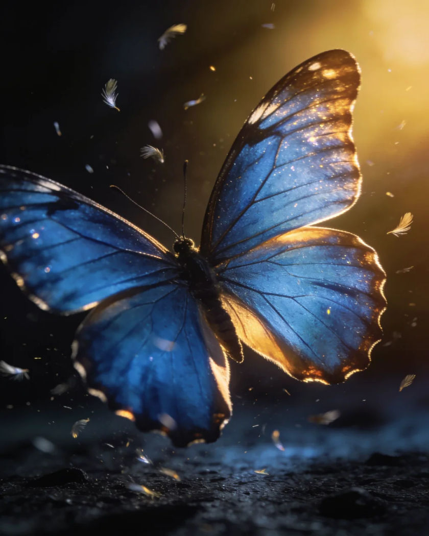 A blue butterfly with its wings spread mid-flap in warm side light against a cold dark ground, fine wing scales glinting in the air
