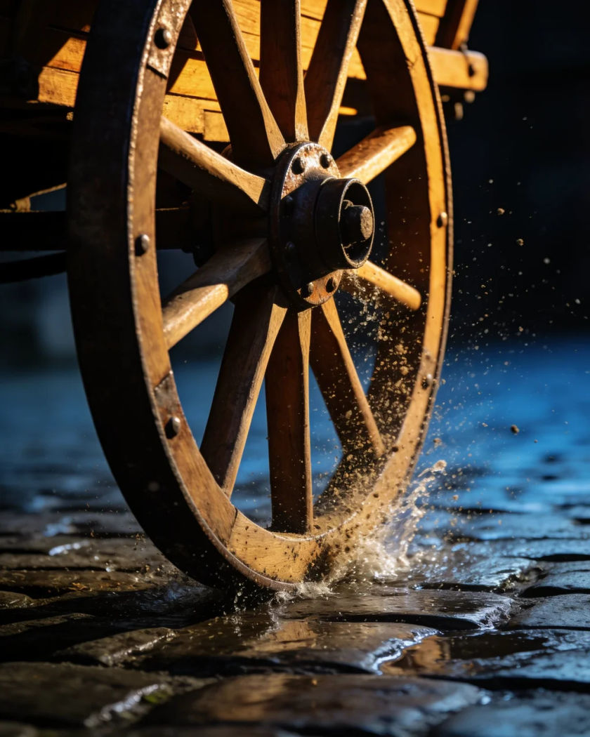 A wooden handcart wheel rolling over wet cobblestones under warm side light against a cold dark ground, water spraying from the iron rim