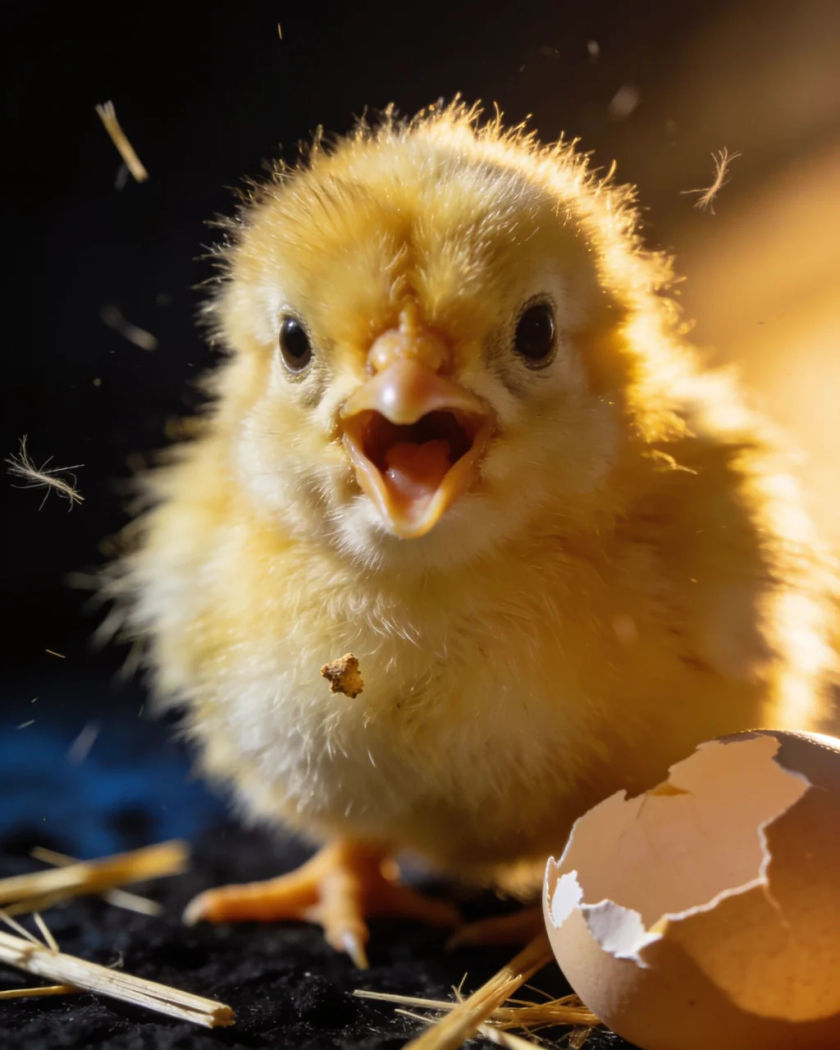 A yellow baby chick with its beak open mid-peep in warm side light against a cold dark ground, a fleck of eggshell on its down