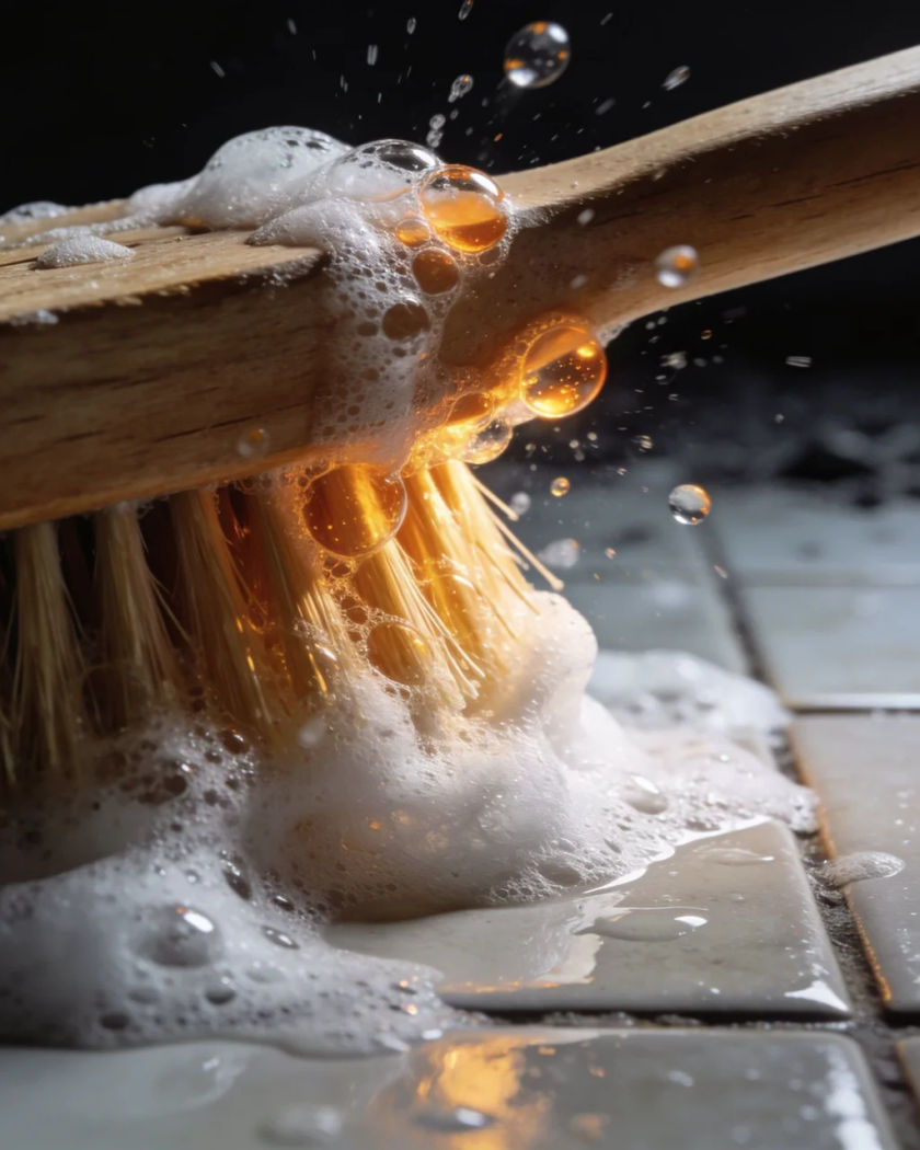 A wooden scrubbing brush pushing through soap suds on wet tile under warm side light against a cool dark ground, foam and droplets flying