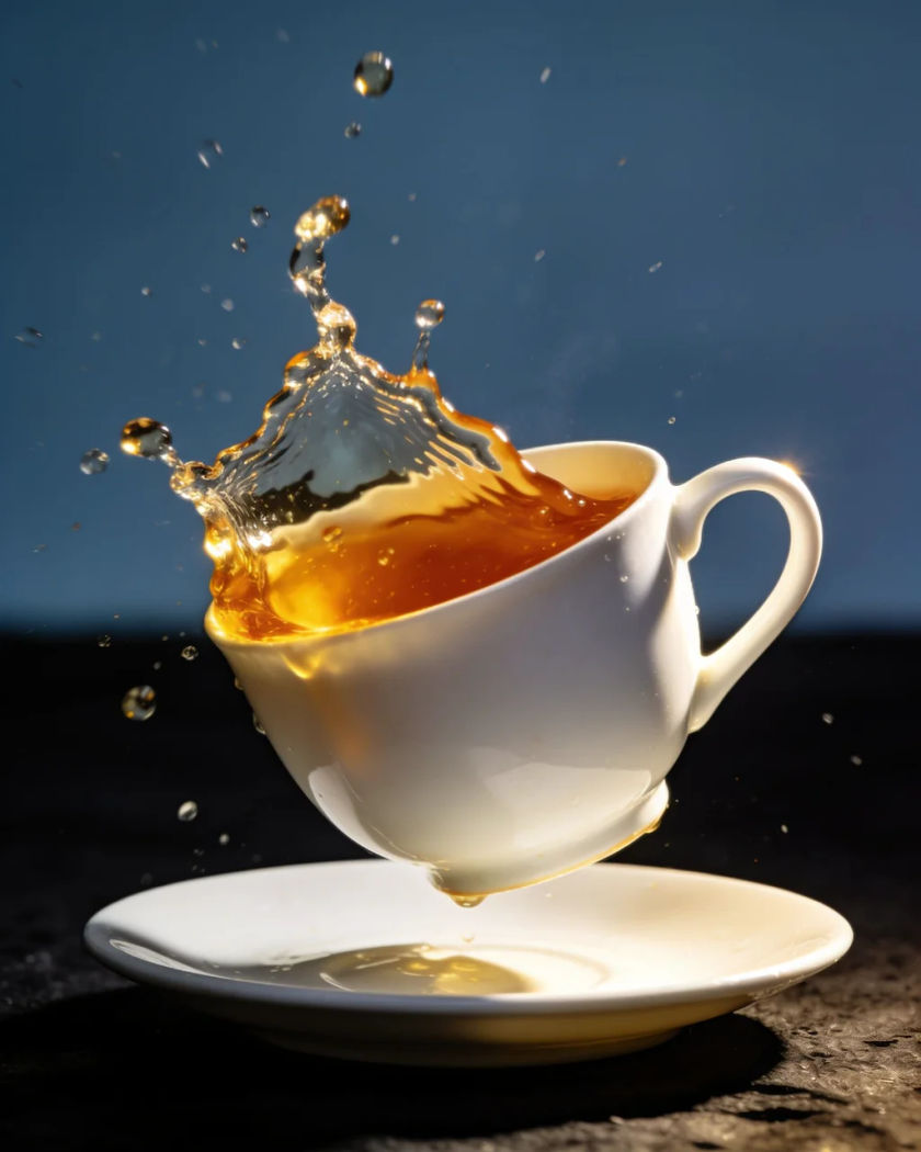 A white porcelain teacup landing on its saucer under warm side light against a cool dark ground, a few drops of tea leaping from the rim