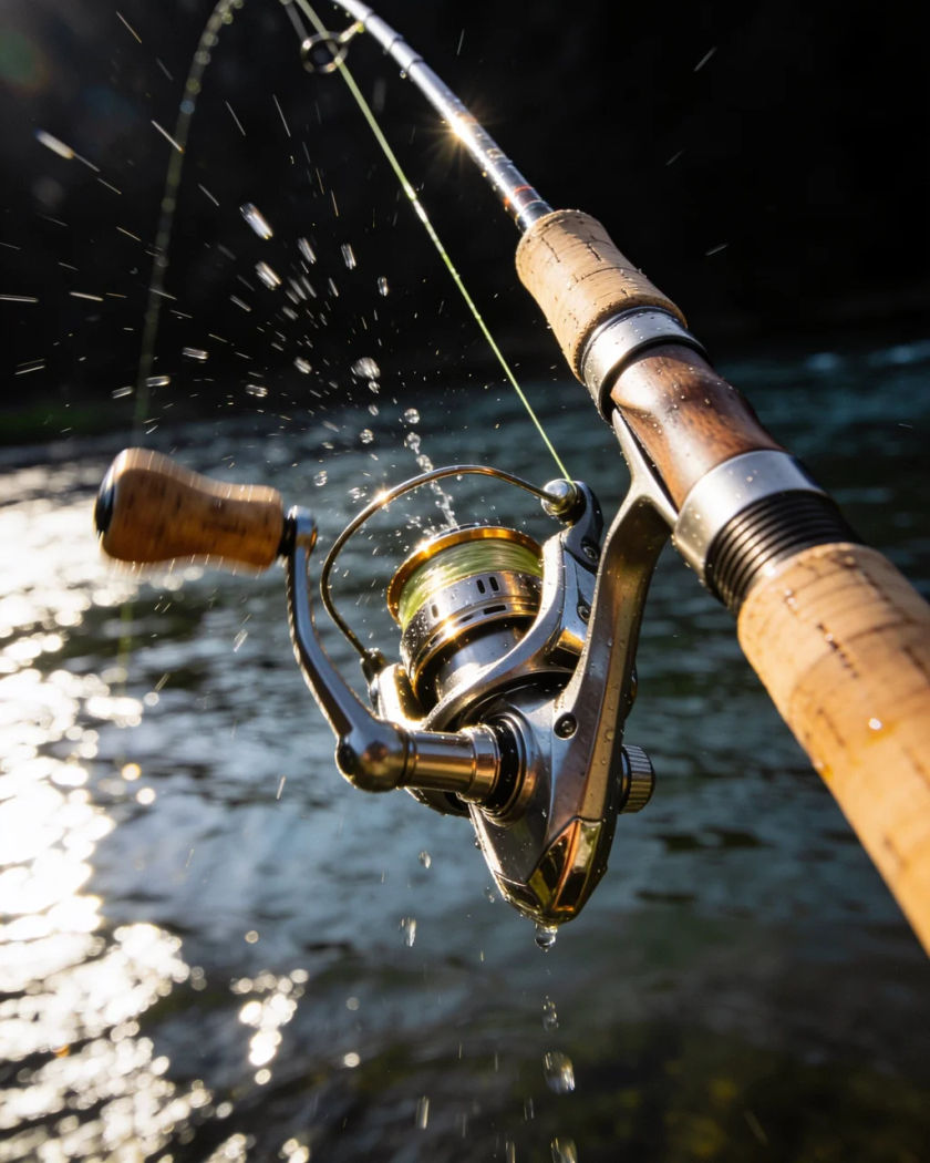 A metal fishing reel cranked at an angle under warm side light against a cool dark ground, water droplets flicking off the line