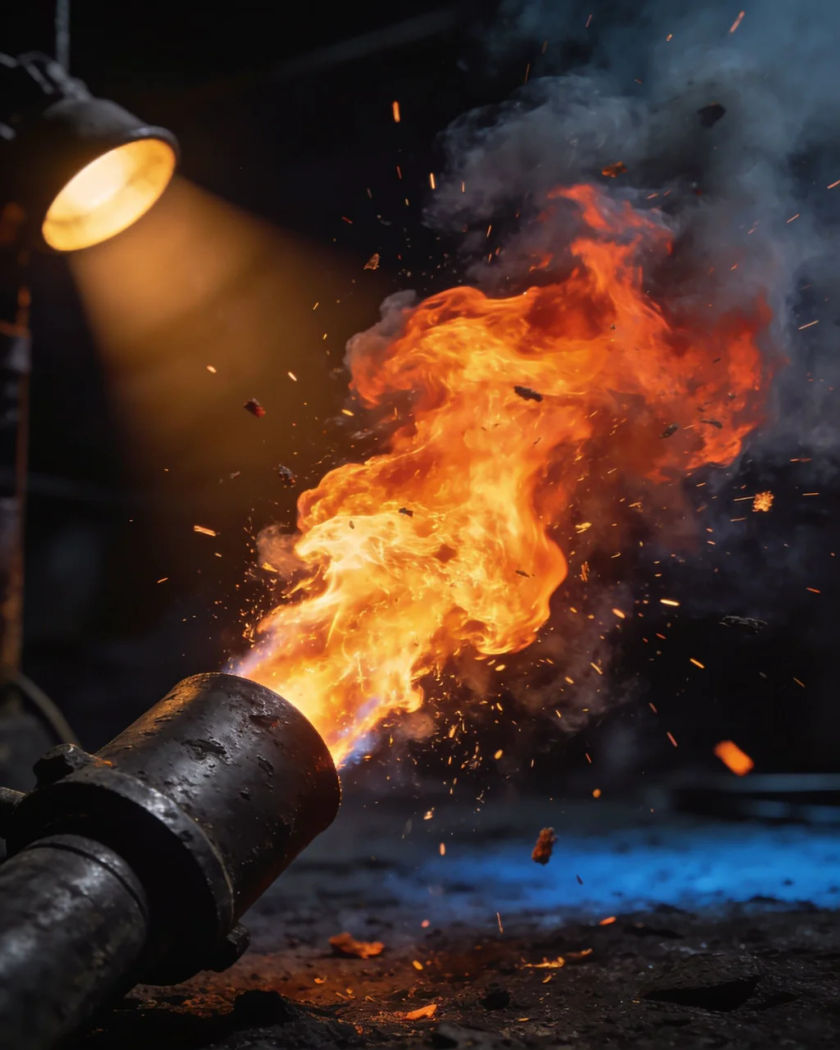 A roaring jet of fire bursting from a plain blackened steel nozzle under warm light against a near-black ground, embers and smoke spraying outward