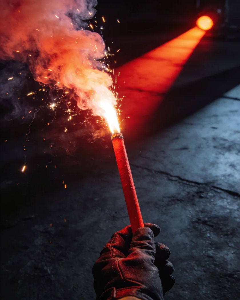 A burning red stick flare held up in a gloved hand against a near-black ground, its blazing tip throwing sparks and glowing smoke