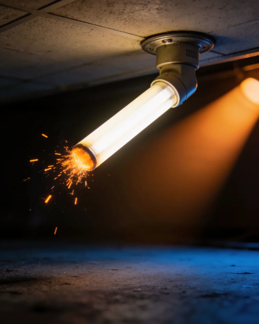 A bare fluorescent tube in a metal ceiling fitting stuttering with light under warm side light against a cool dark ground, sparks spitting from one end