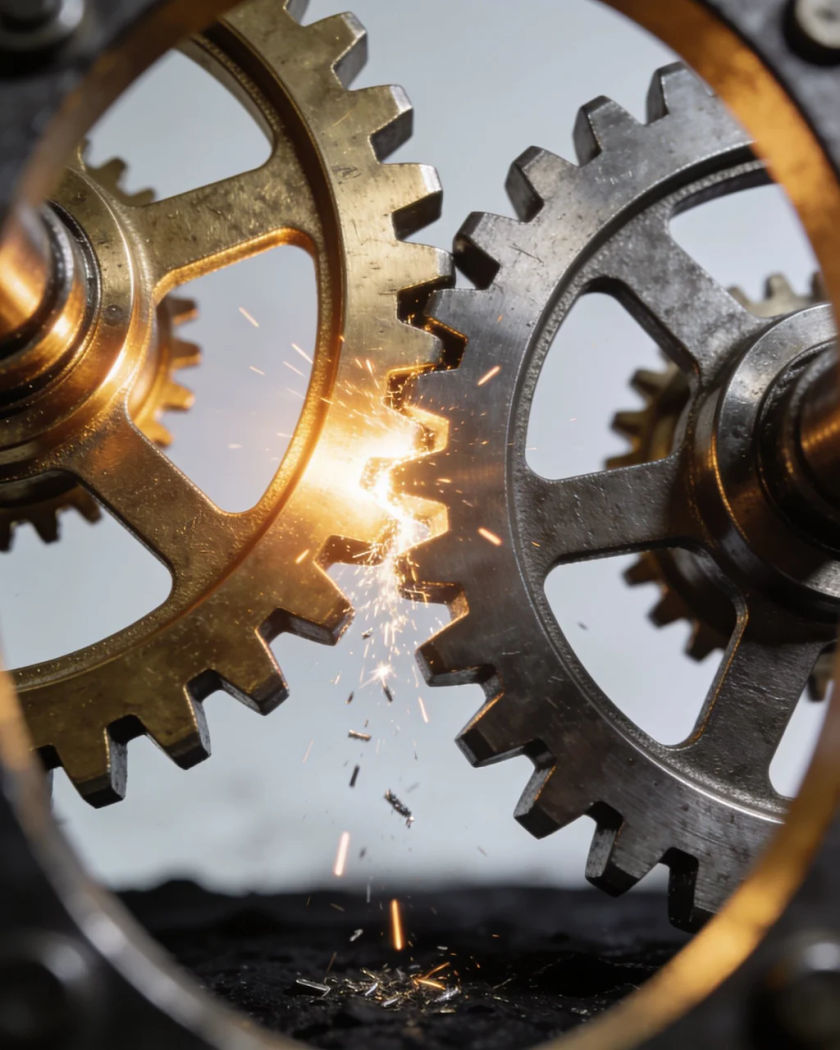 Interlocking steel and brass gears turning under warm side light against a cool dark ground, metal filings glinting as they fall