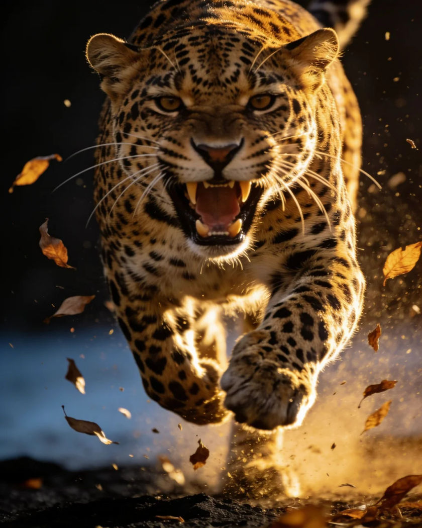 A spotted jaguar baring its teeth mid-snarl in warm side light against a cold dark ground, leaves flicking up around it