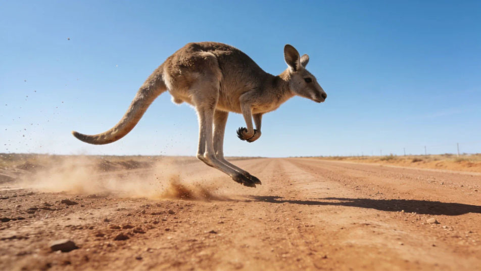Land a kangaroo bouncing into frame