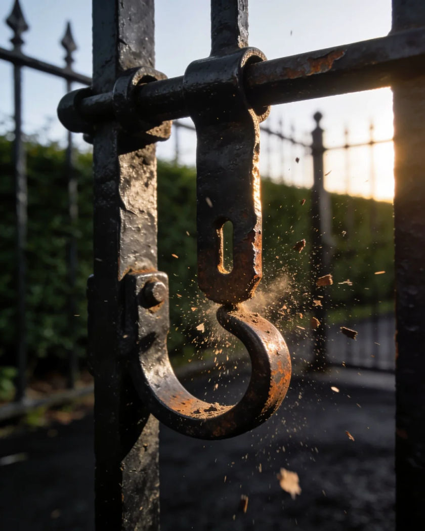 An old iron gate latch dropping into its catch under warm side light against a cool dark ground, flakes of rust shaken loose