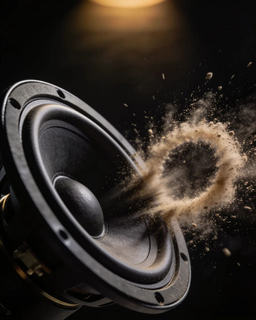 A bare black speaker cone pushed outward mid-thump under warm light from above against a black ground, dust leaping off it