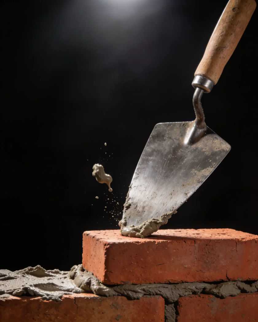 A steel trowel pressing a red brick onto wet mortar under warm light from above against a black ground