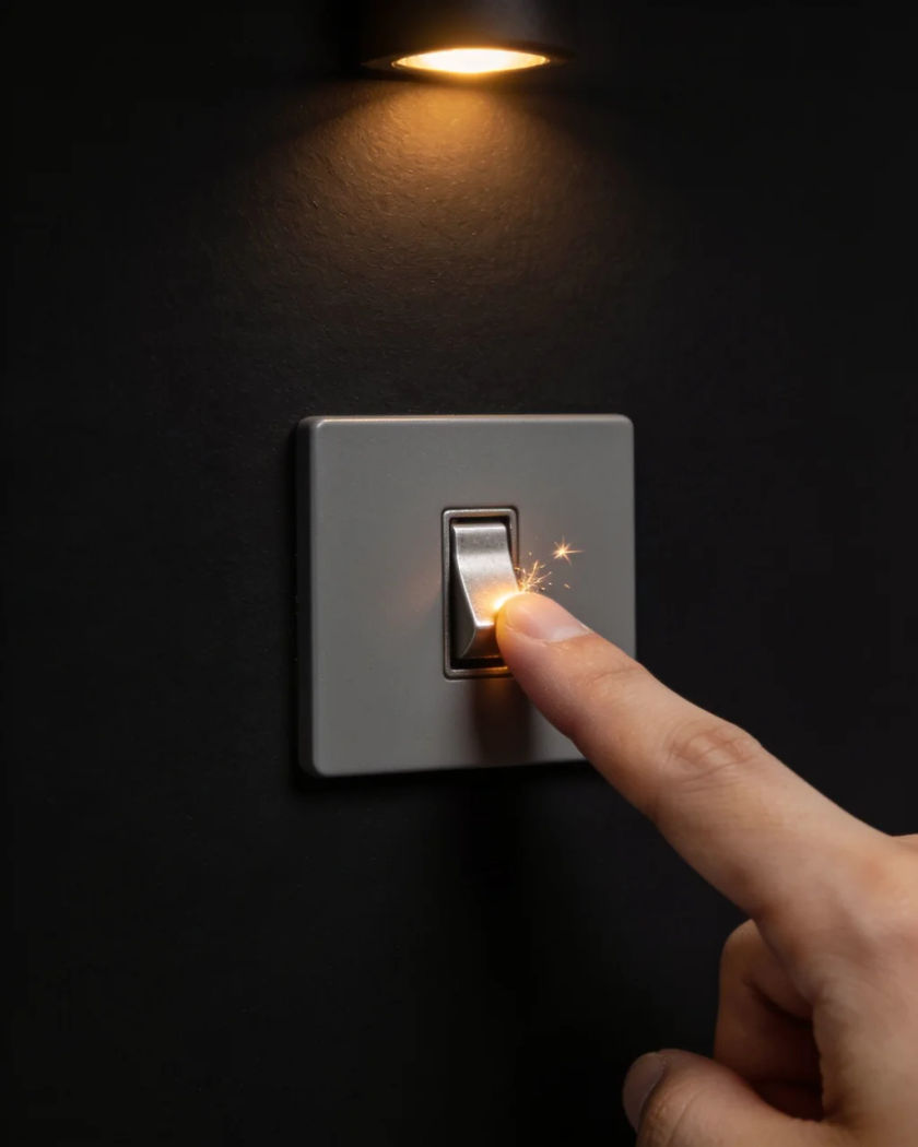 A fingertip pushing a plain metal toggle switch mid-flip on a small matte grey plate, a spark of warm light at the contact