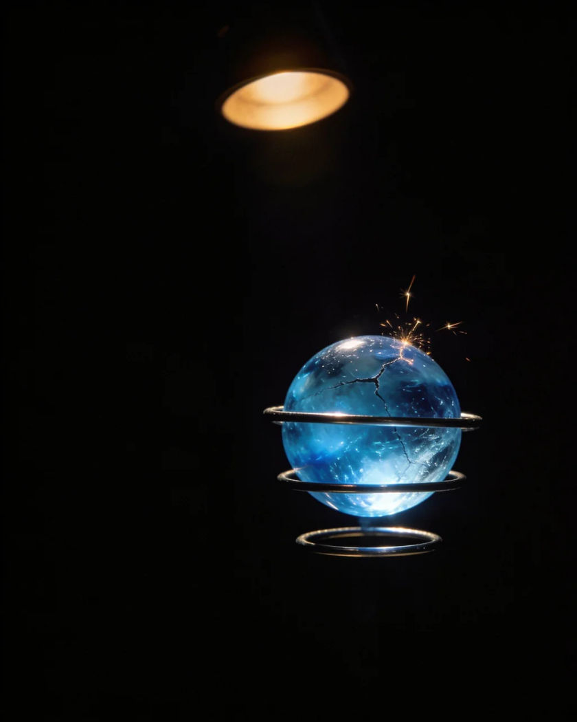 A glowing blue crystal sphere suspended in metal rings under one warm light from above, sparks of energy spitting from its cracked surface
