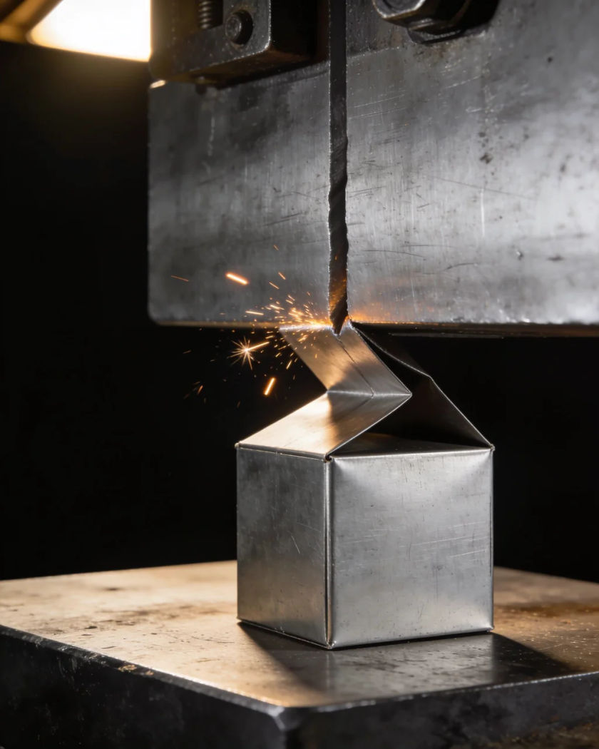 A plain steel box buckling under the flat plate of a press under warm overhead light against a black ground, bright sparks flying