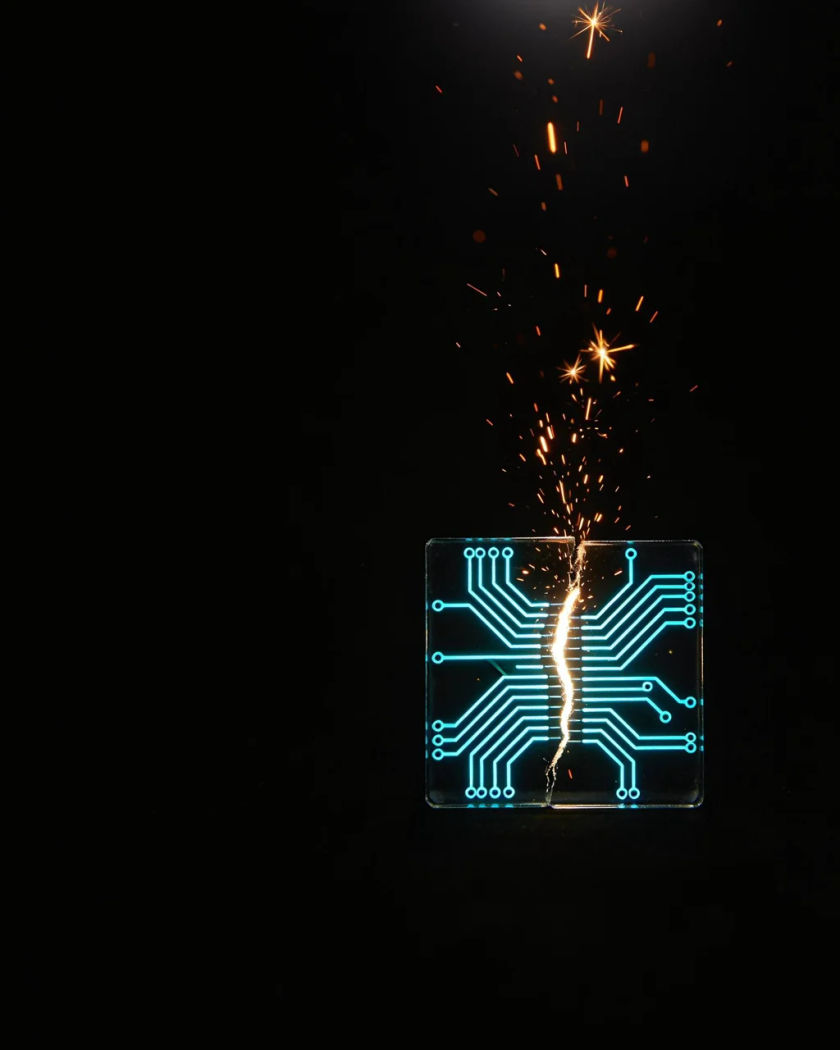 A grid of glowing cyan circuit lines breaking apart, sparks of warm light scattering from the break