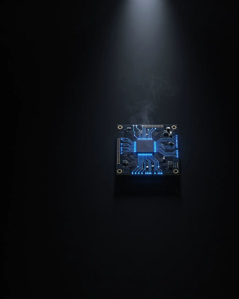 A stream of small glowing blue light points flowing along a dark circuit trace, a fine haze over the board