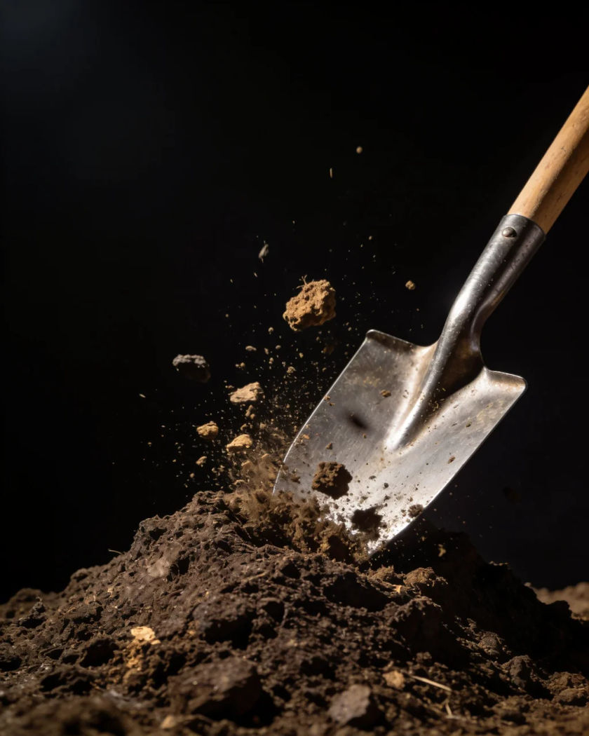 A steel spade biting into a mound of earth under warm overhead light against a black ground, clods bursting up
