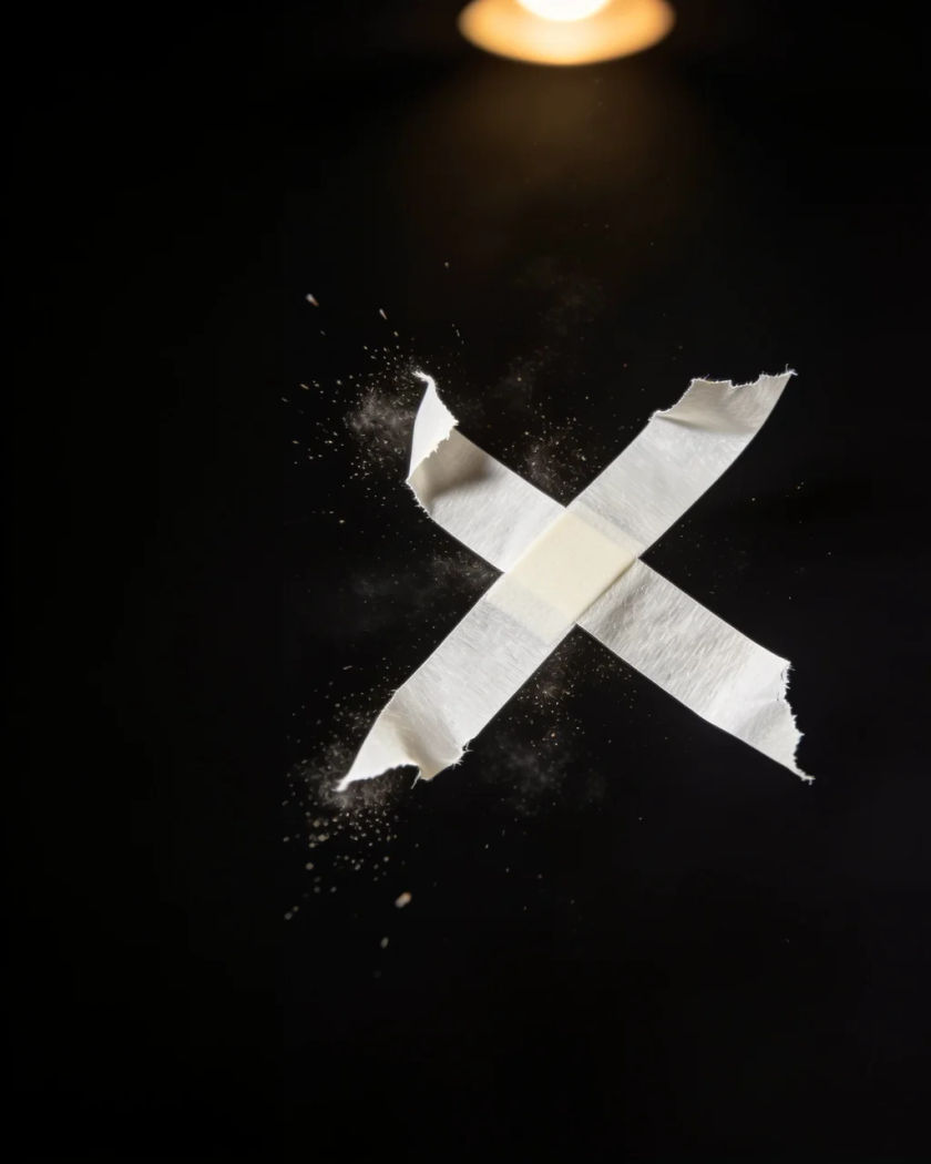 A white finish tape snapping apart under one warm light from above, torn ends fluttering through a spray of dust