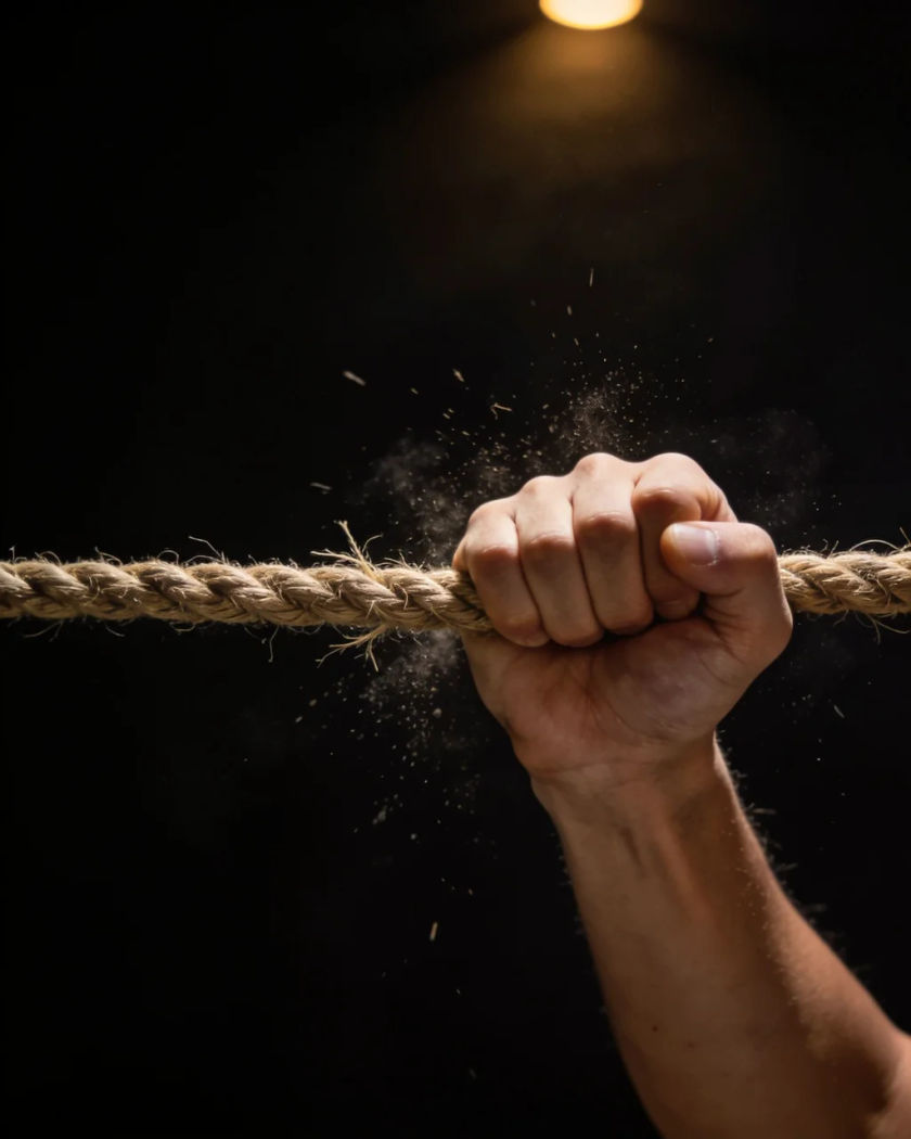 A hand gripping a thick taut rope under one warm light from above, fibres and dust flying from the clenched fist