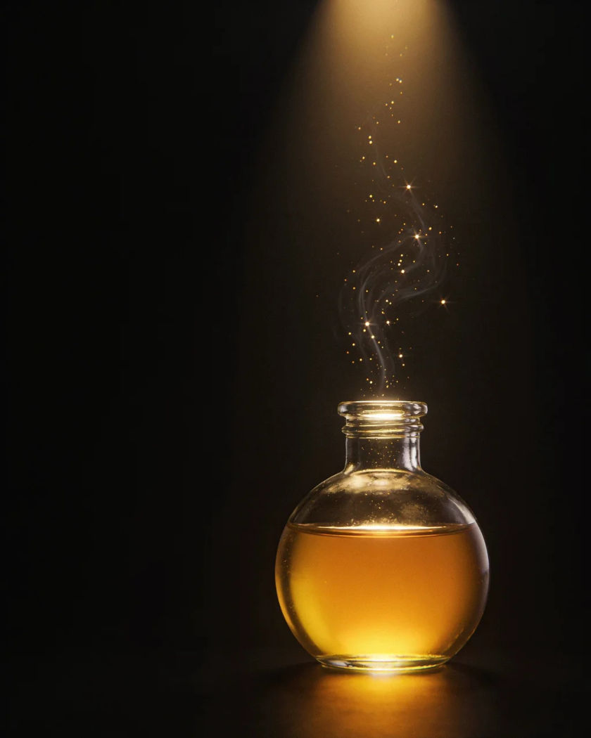 A small glass potion bottle glowing with warm golden light under warm overhead light against a black ground, sparkles rising from it