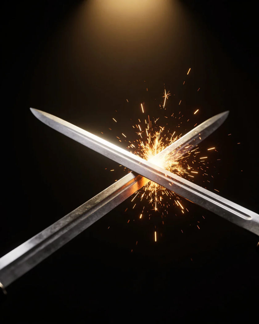 Two steel swords clashing in a burst of sparks under warm overhead light against a black ground, the blades crossed mid-strike