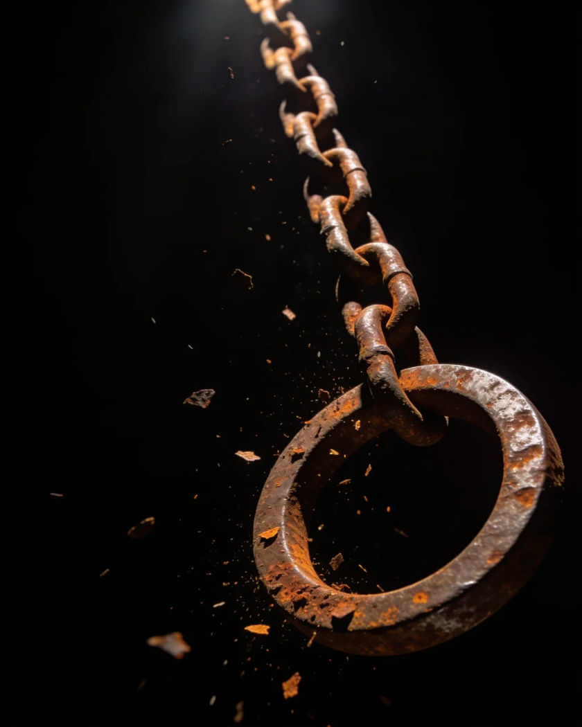 A rusty iron chain pulled through a heavy ring under warm overhead light against a black ground, flakes of rust falling