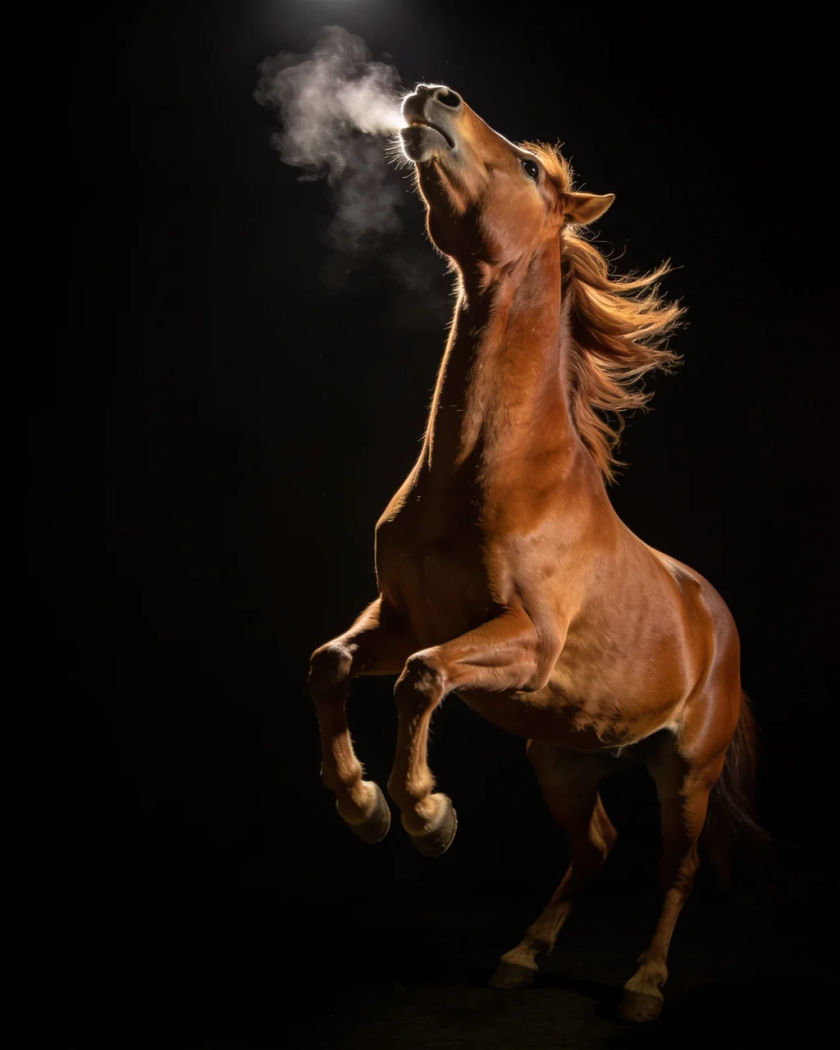 A horse rearing with its head thrown back and mane flying under warm overhead light against a black ground, breath steaming