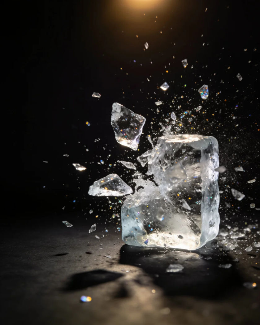 A block of clear ice bursting apart on impact under warm overhead light against a black ground, shards and fine chips flying outward