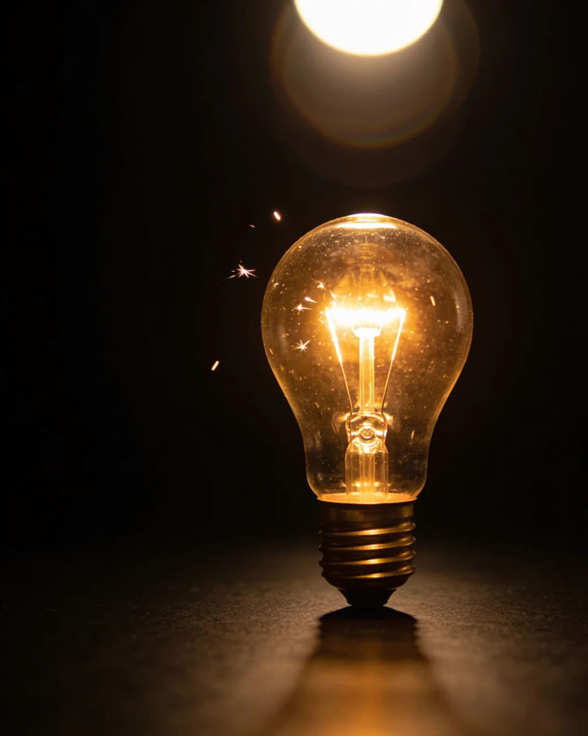 A bare filament light bulb glowing bright gold under warm light from above against a black ground, glints sparking around the glass