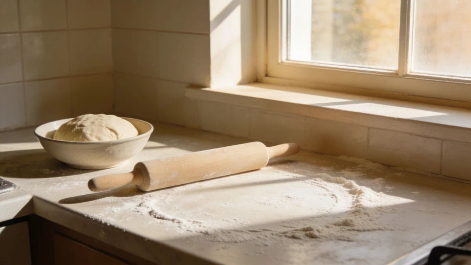 Show it is baking day in a home kitchen