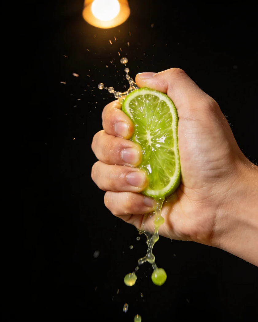A cut lime squeezed in a fist under one warm light from above, juice and pulp spraying from between the fingers