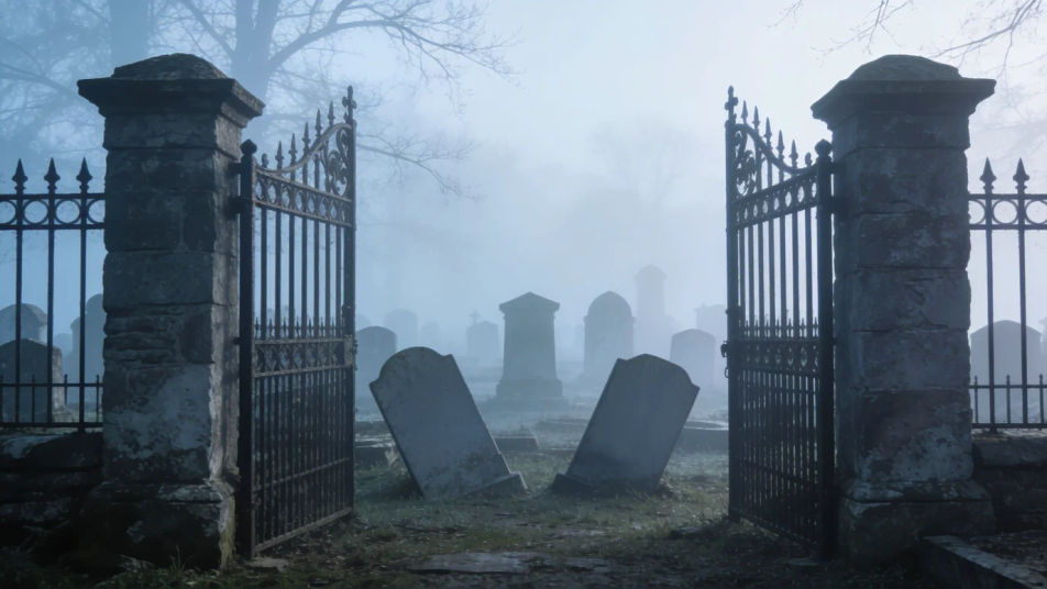Open on a graveyard behind an old gate